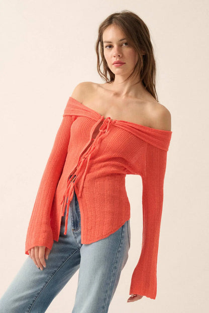 Dear Diary Off-Shoulder Tie-Front Cardigan