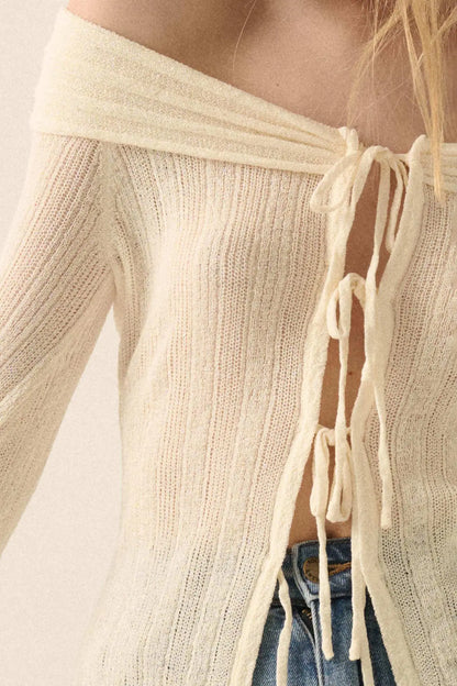 Dear Diary Off-Shoulder Tie-Front Cardigan