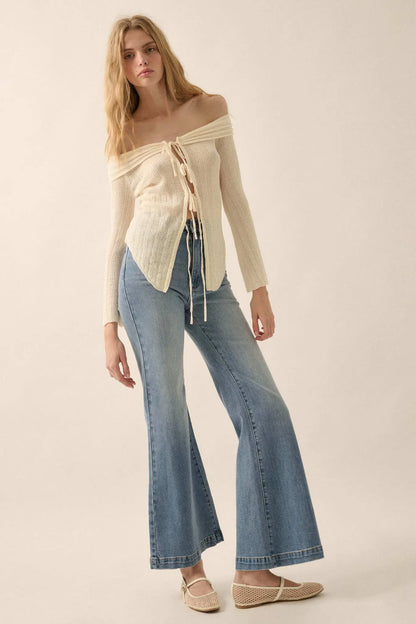 Dear Diary Off-Shoulder Tie-Front Cardigan