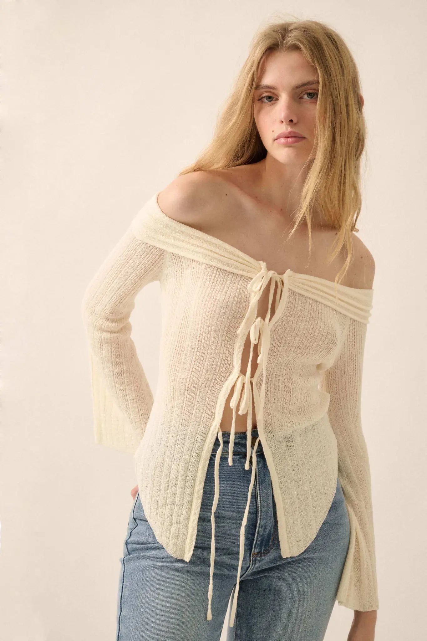 Dear Diary Off-Shoulder Tie-Front Cardigan