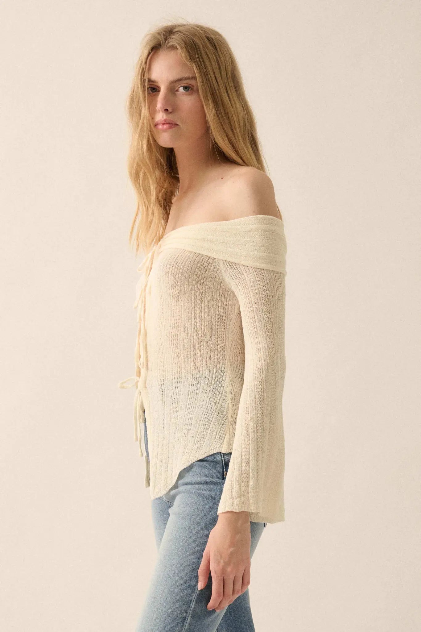 Dear Diary Off-Shoulder Tie-Front Cardigan