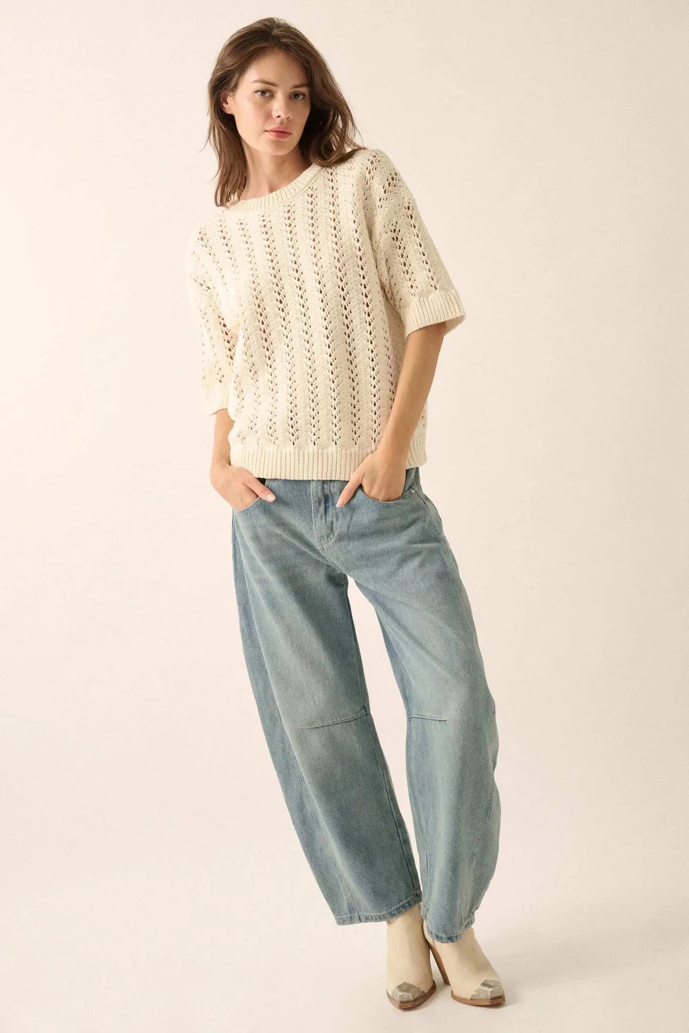 Don't Let Go Open-Knit Short-Sleeve Sweater