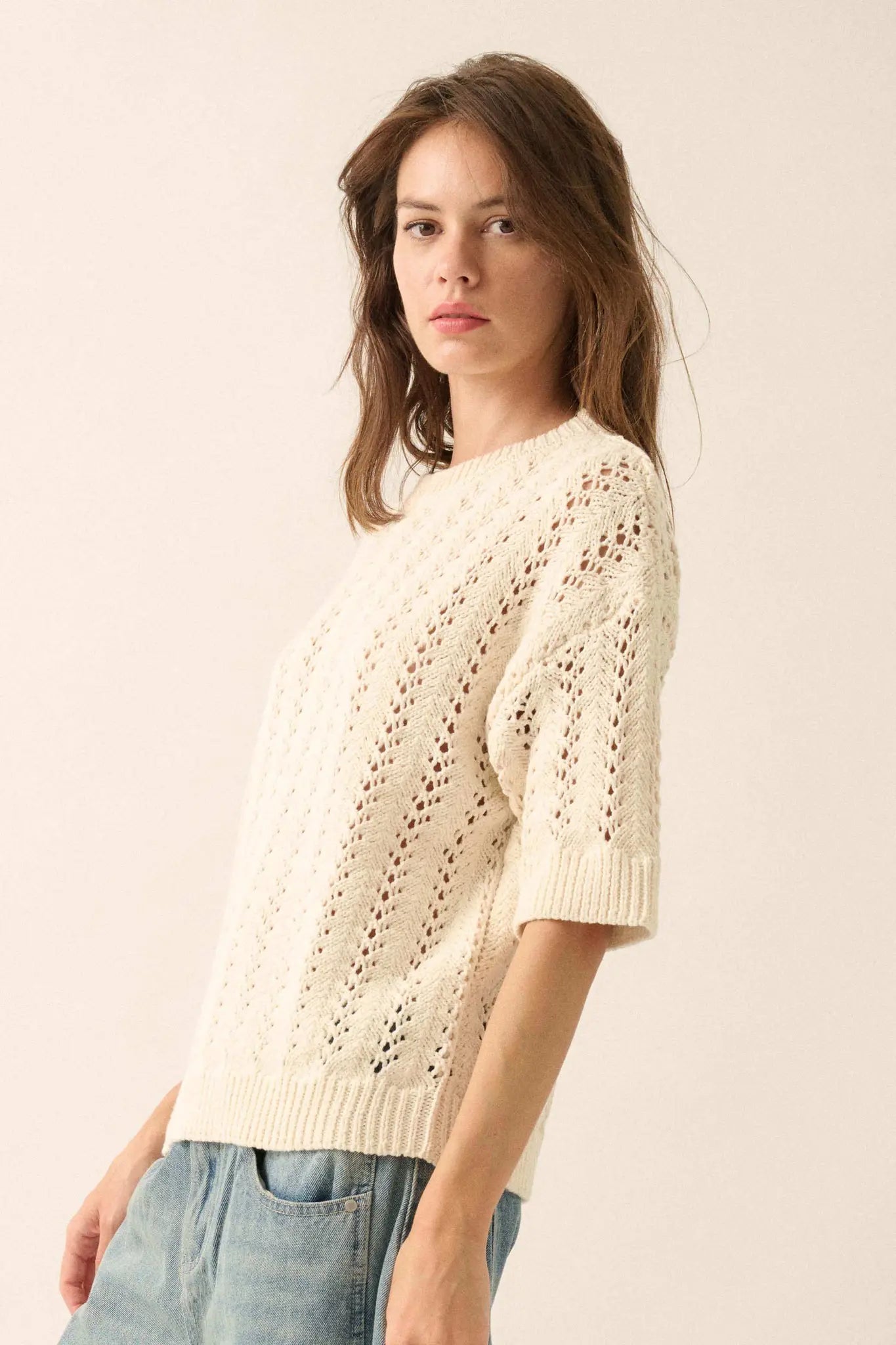 Don't Let Go Open-Knit Short-Sleeve Sweater