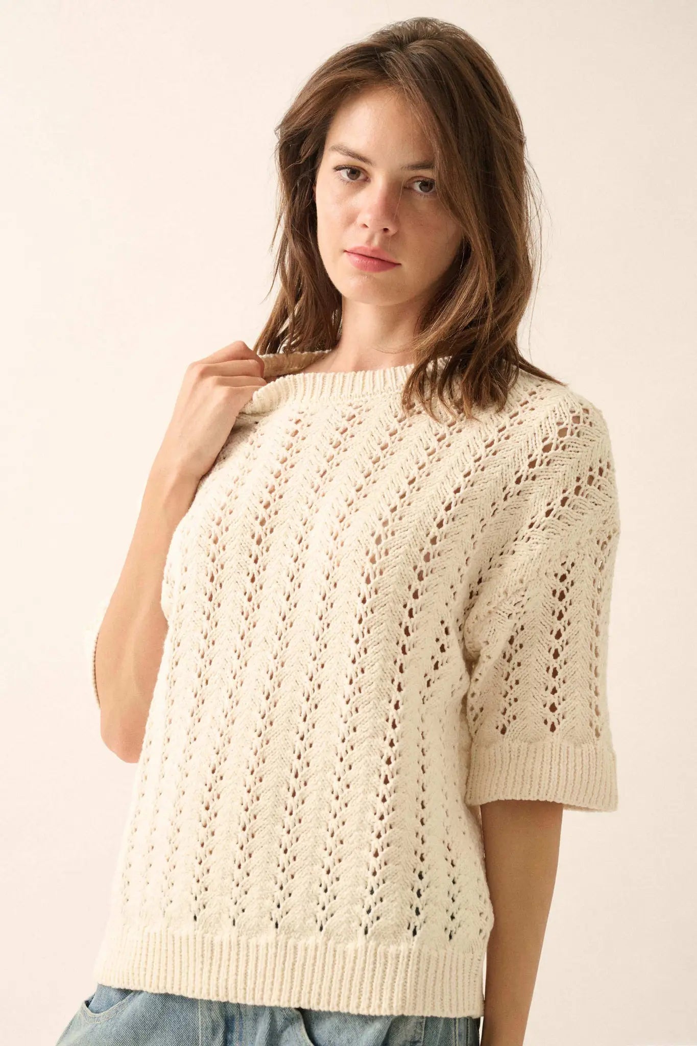 Don't Let Go Open-Knit Short-Sleeve Sweater
