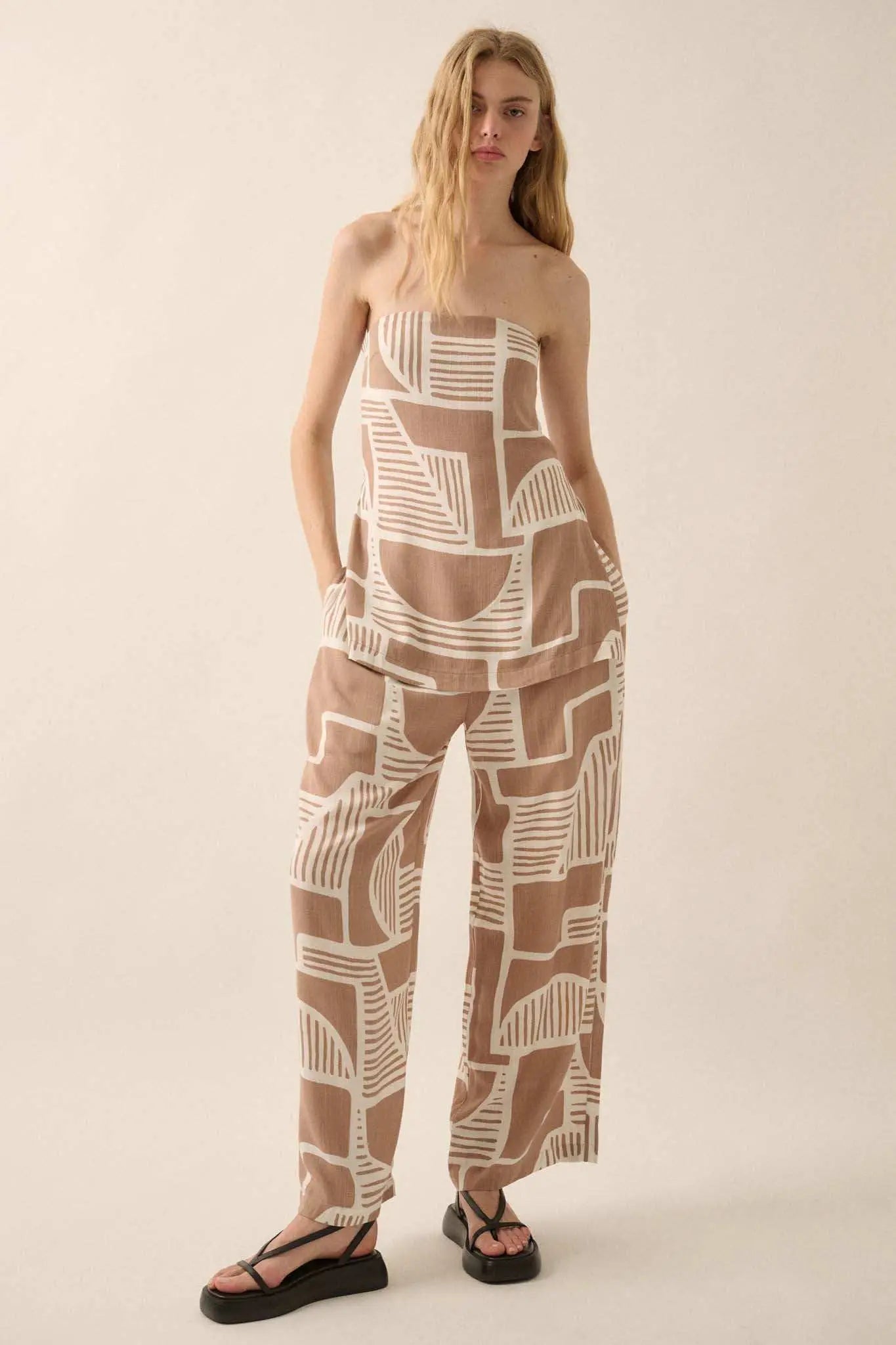 Shape Shift Geo-Print Strapless Tunic Top