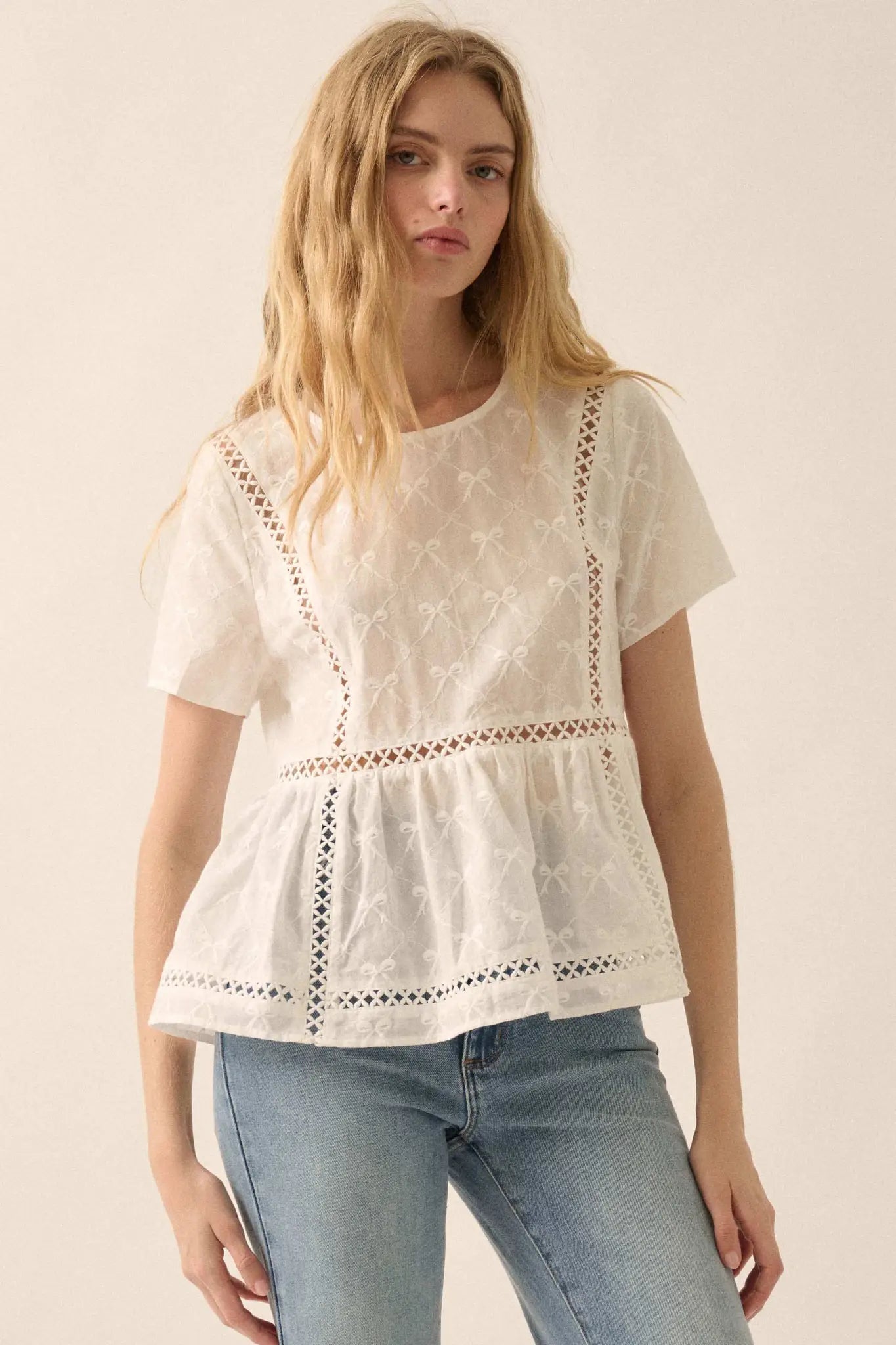 Call Me Angel Bow-Embroidered Babydoll Top
