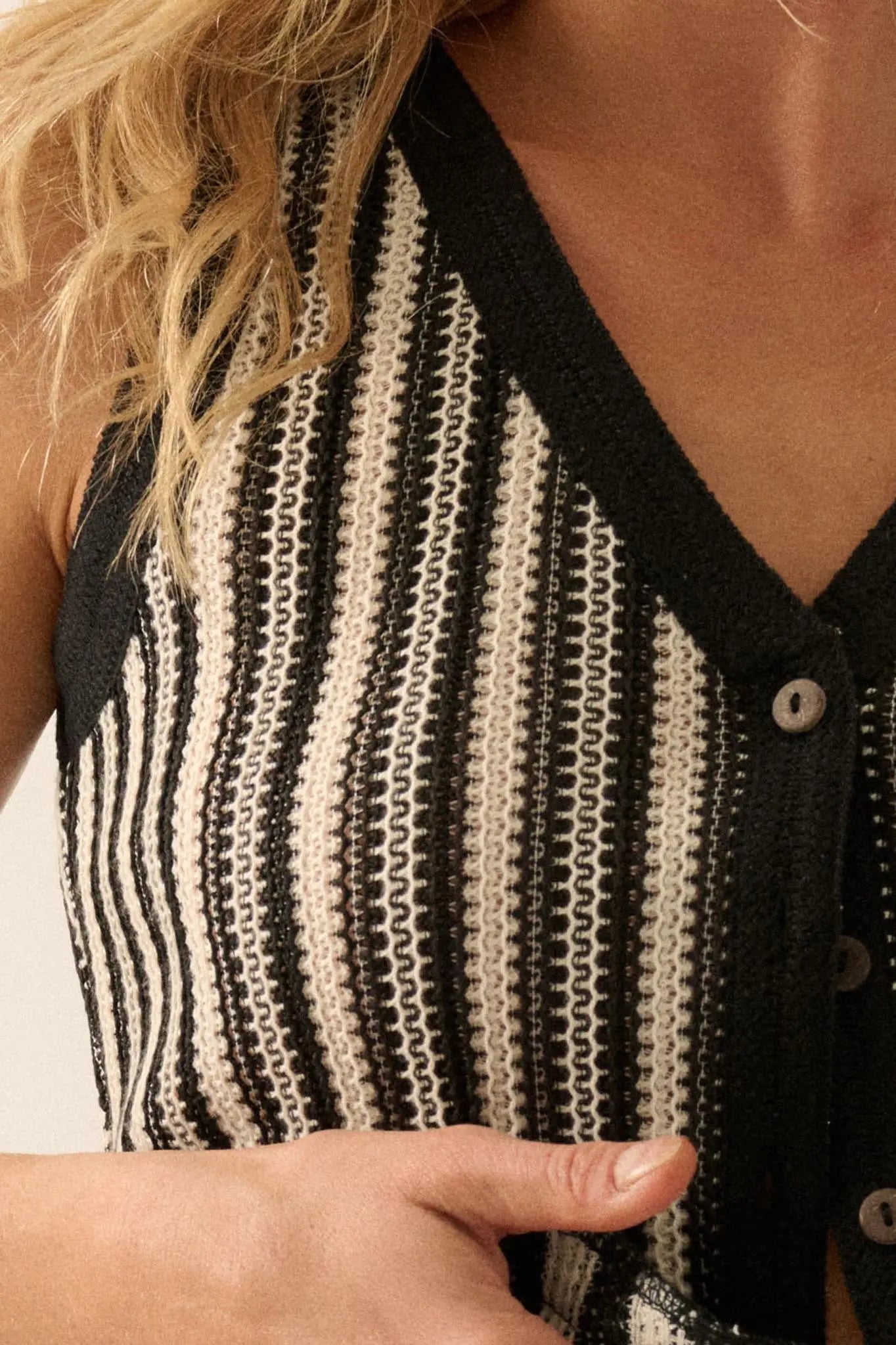 Line It Up Striped Knit Cropped Button-Up Vest