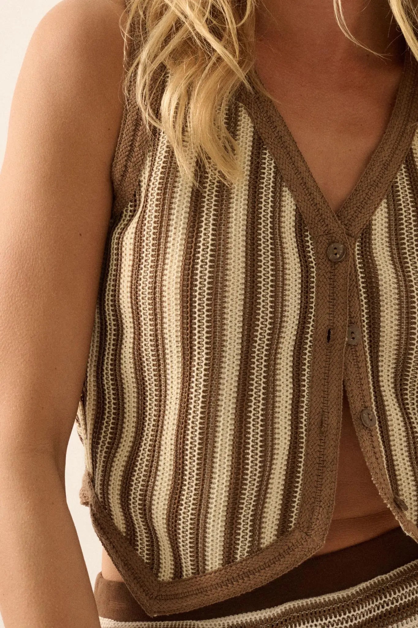 Line It Up Striped Knit Cropped Button-Up Vest