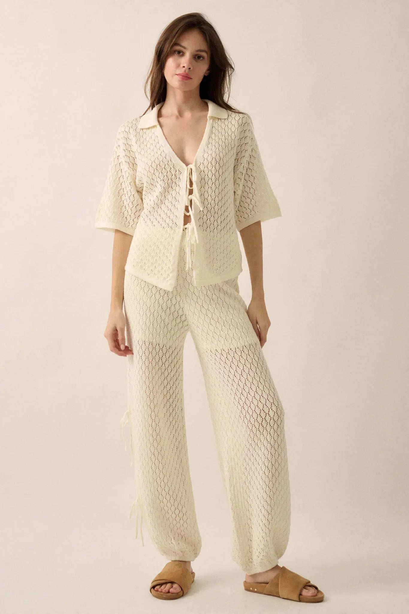 Coastal Breeze Crochet Knit Tie-Front Shirt