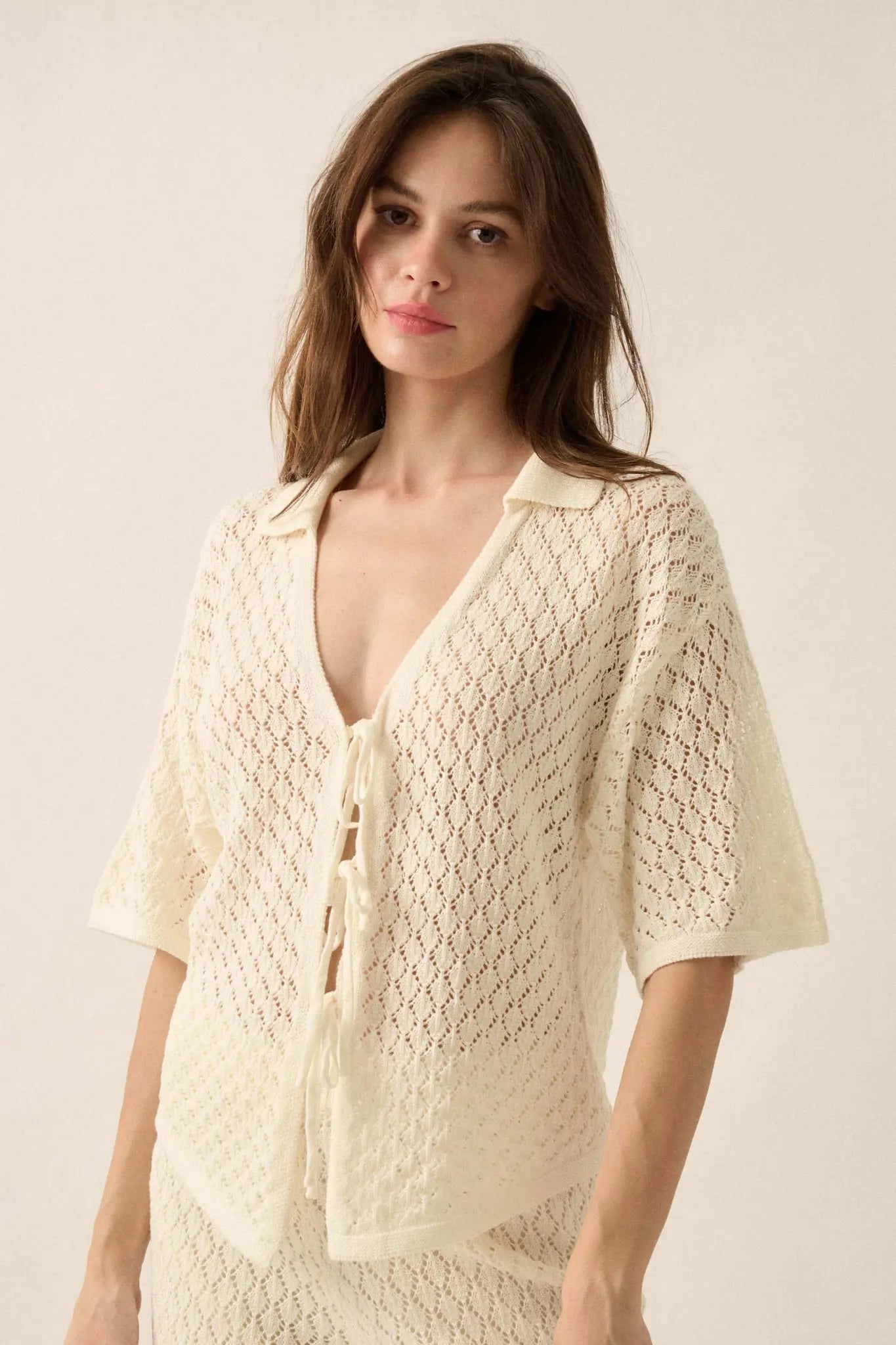 Coastal Breeze Crochet Knit Tie-Front Shirt