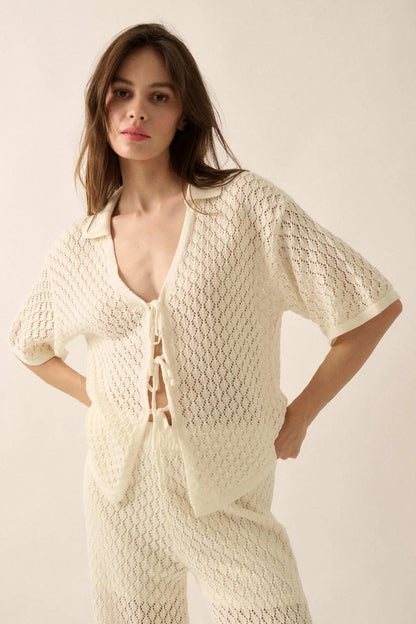 Coastal Breeze Crochet Knit Tie-Front Shirt