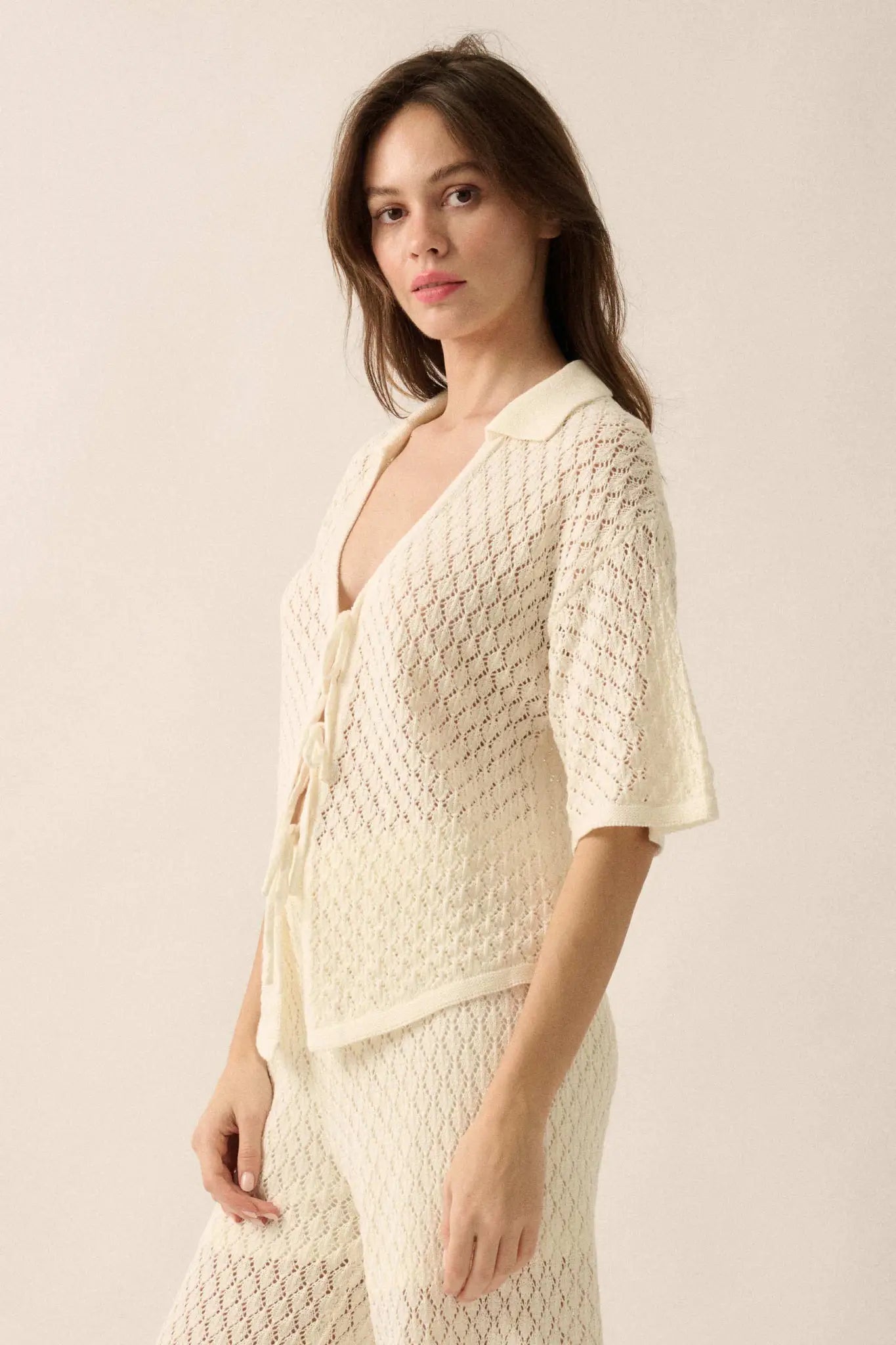 Coastal Breeze Crochet Knit Tie-Front Shirt
