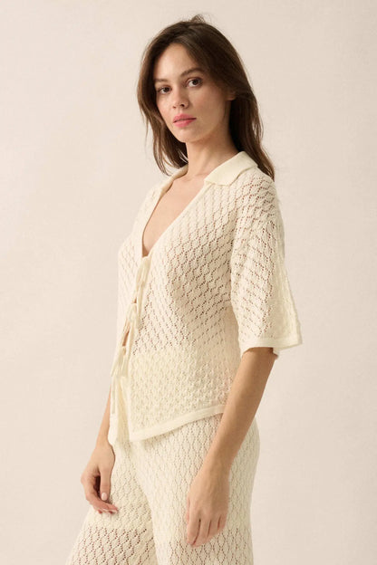 Coastal Breeze Crochet Knit Tie-Front Shirt