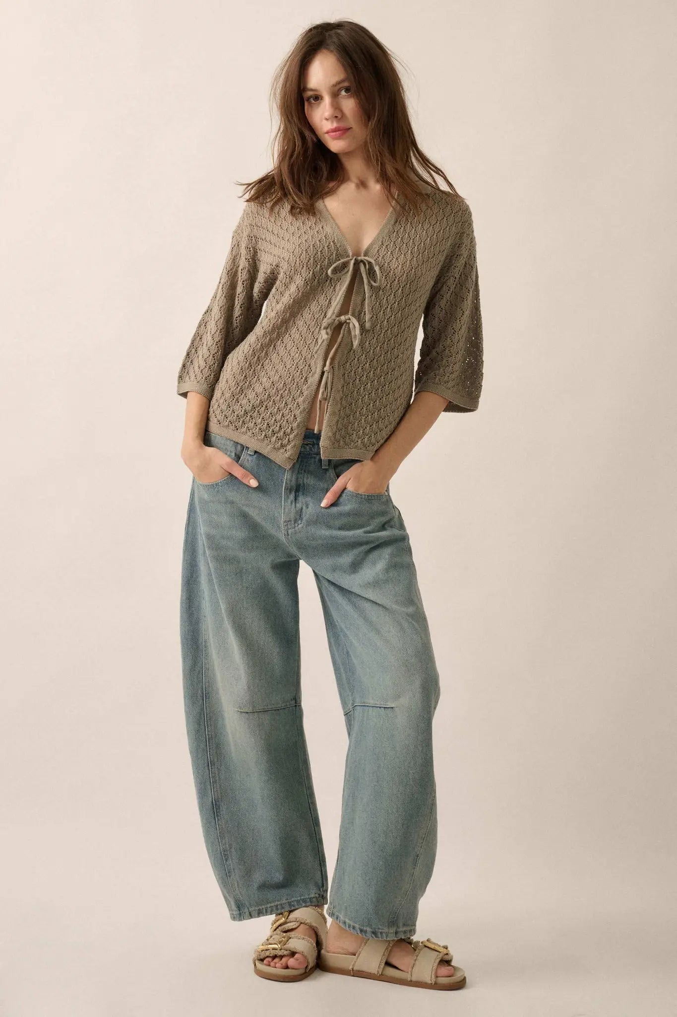 Coastal Breeze Crochet Knit Tie-Front Shirt
