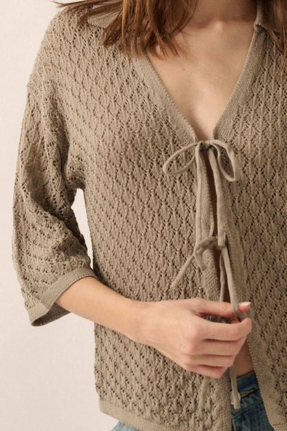 Coastal Breeze Crochet Knit Tie-Front Shirt