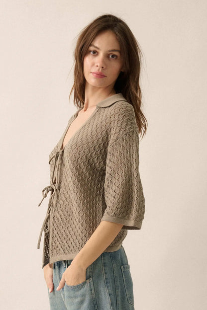 Coastal Breeze Crochet Knit Tie-Front Shirt