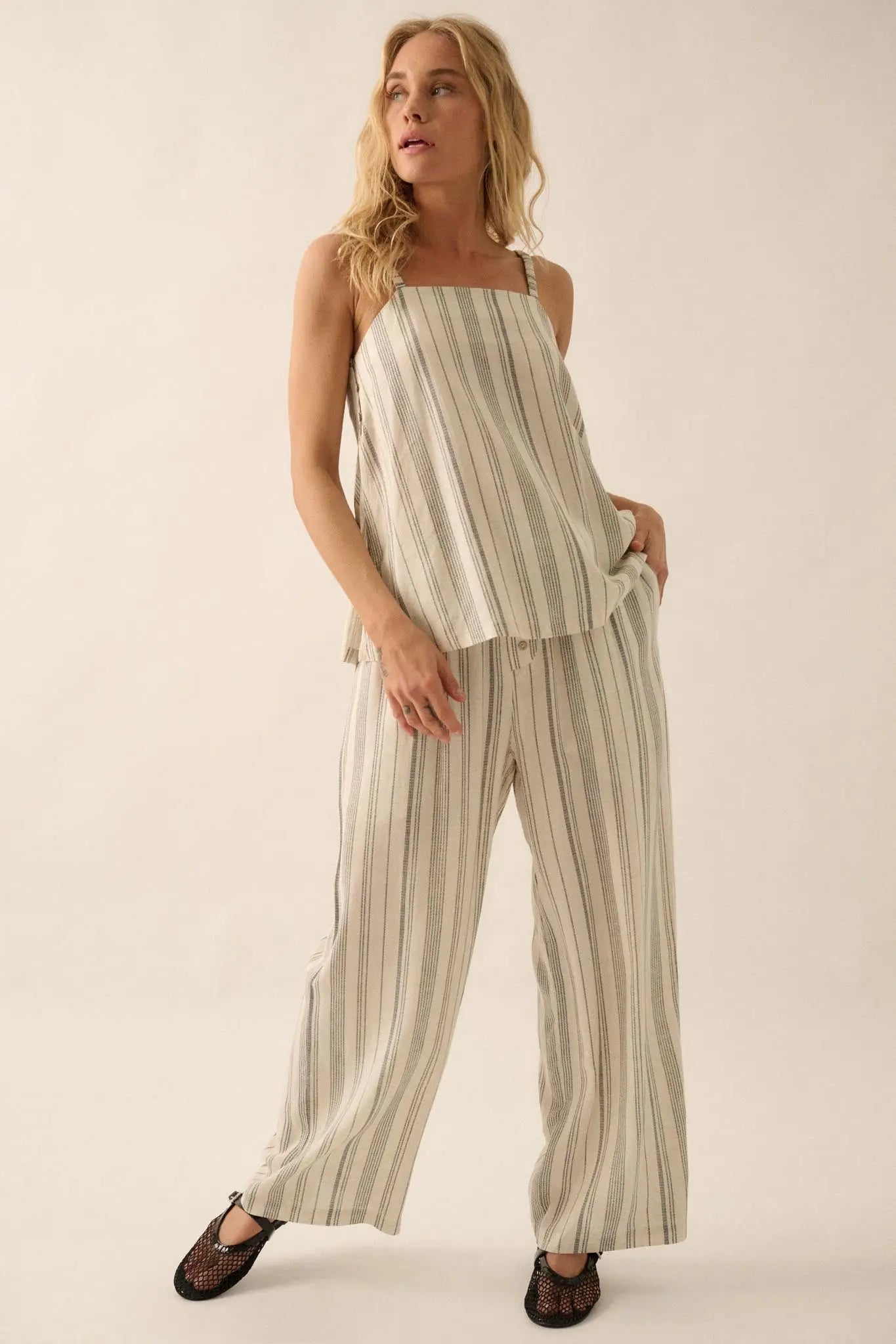 All Along Pinstripe Side-Button A-Line Cami Top