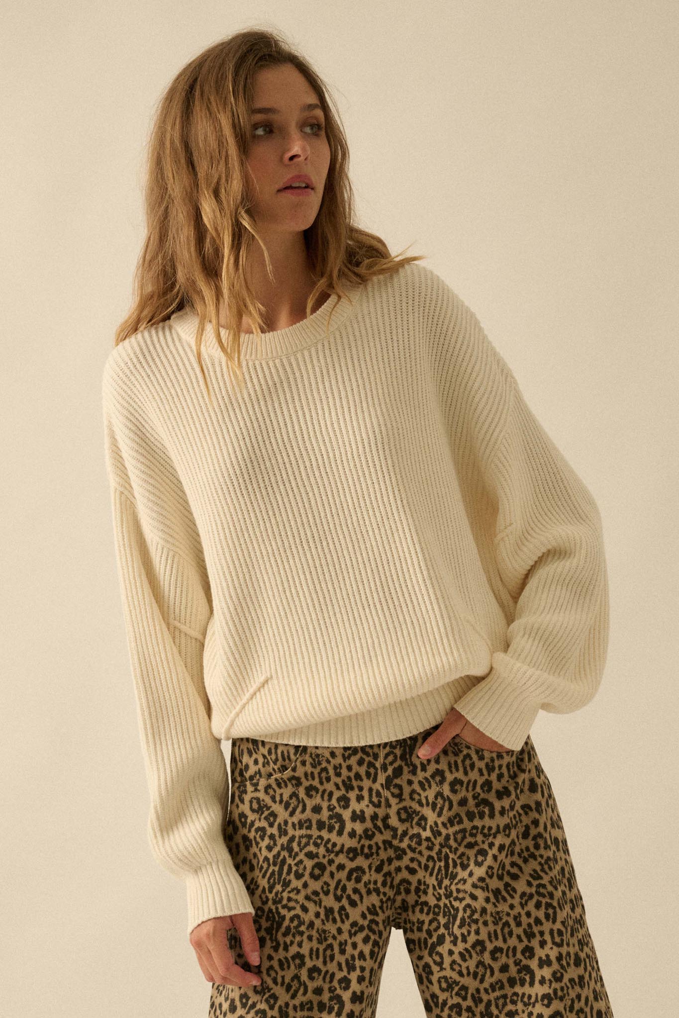 Peaceful Mood Ribbed Knit Exposed-Seam Sweater