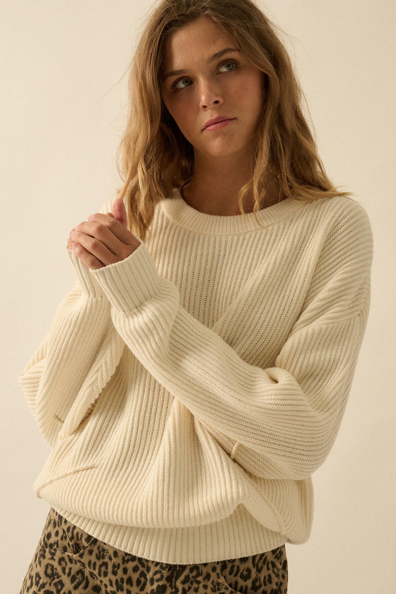 Peaceful Mood Ribbed Knit Exposed-Seam Sweater