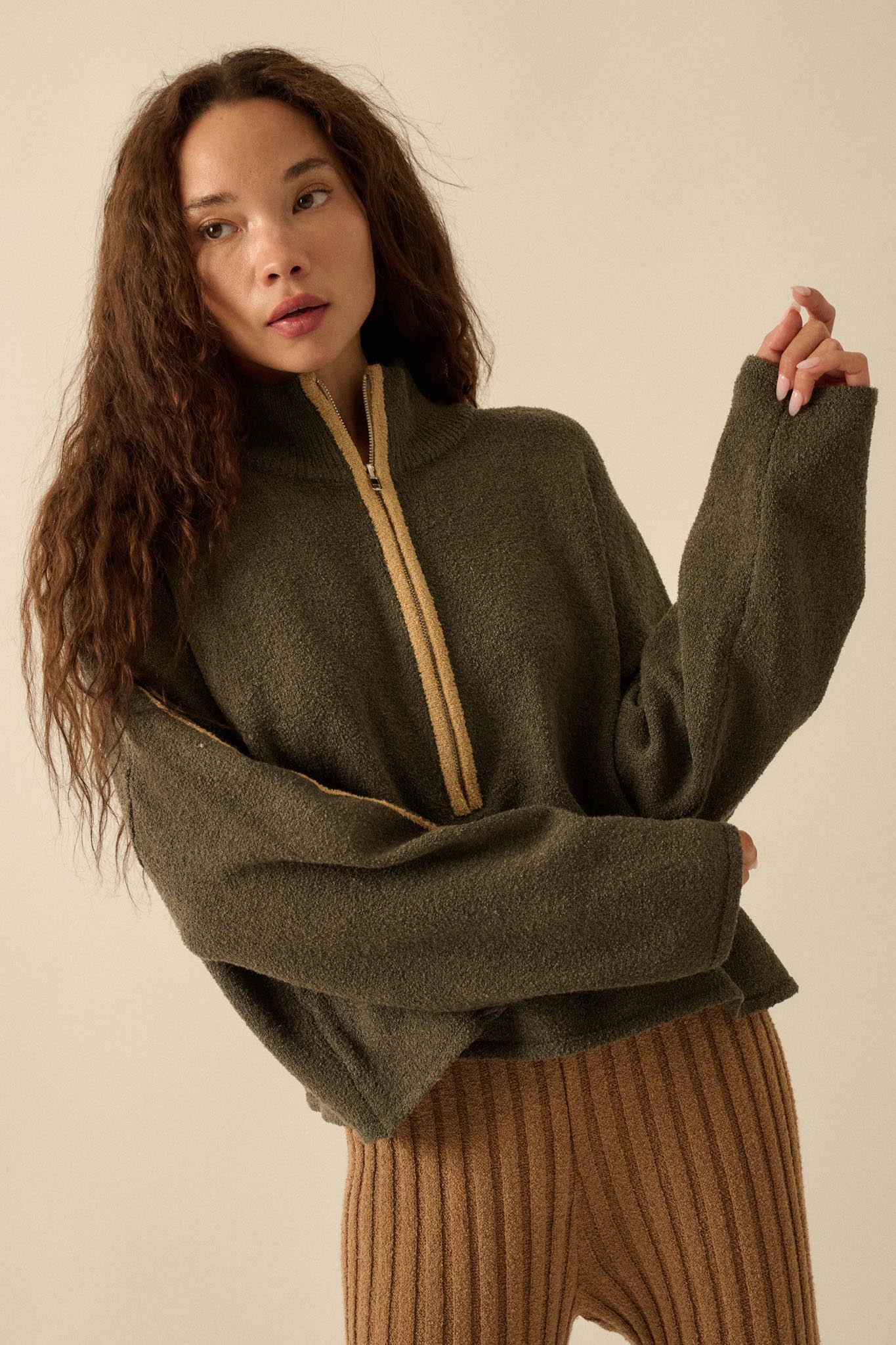 Promise the Label Textured Knit Half-Zip Sweater
