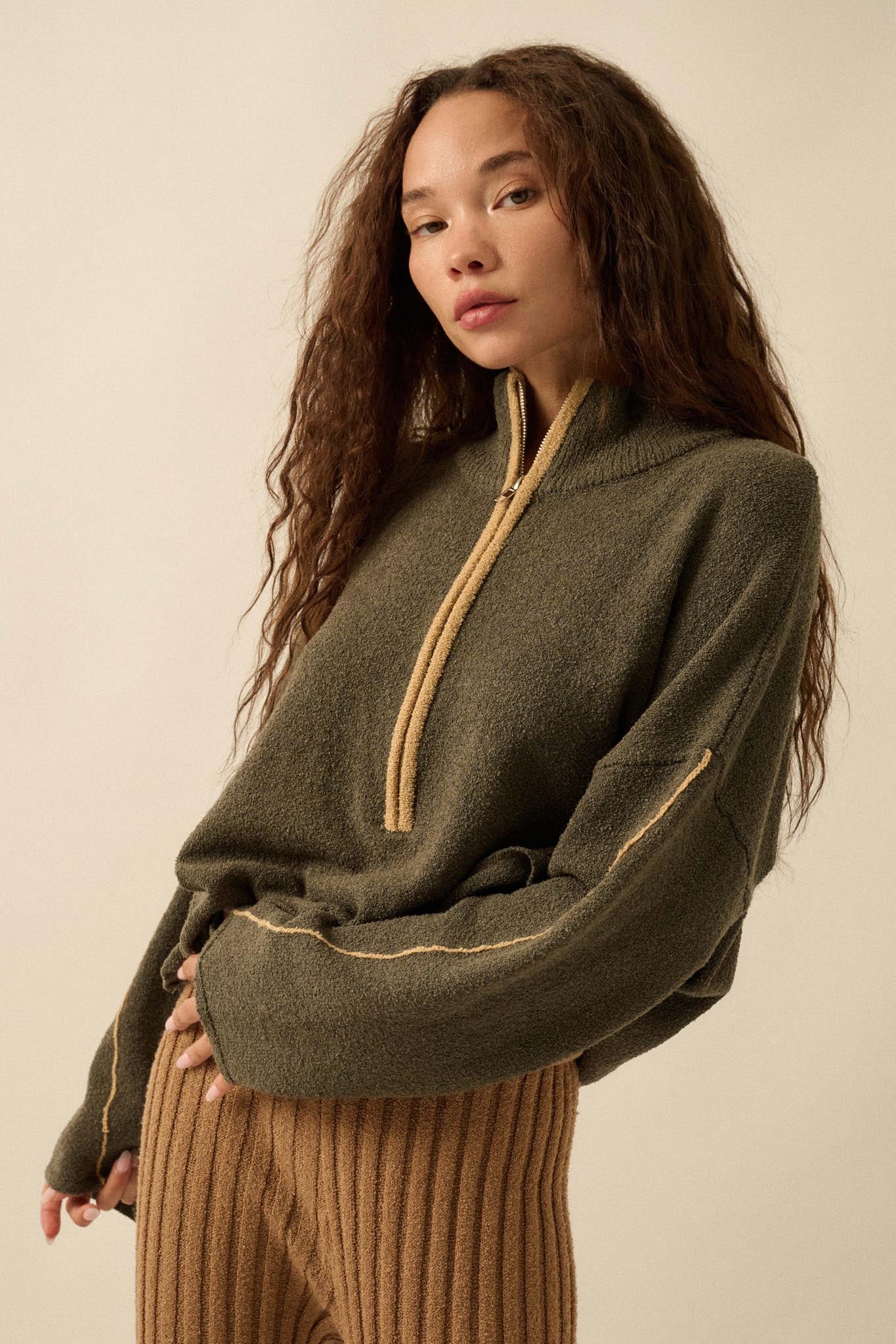 Promise the Label Textured Knit Half-Zip Sweater