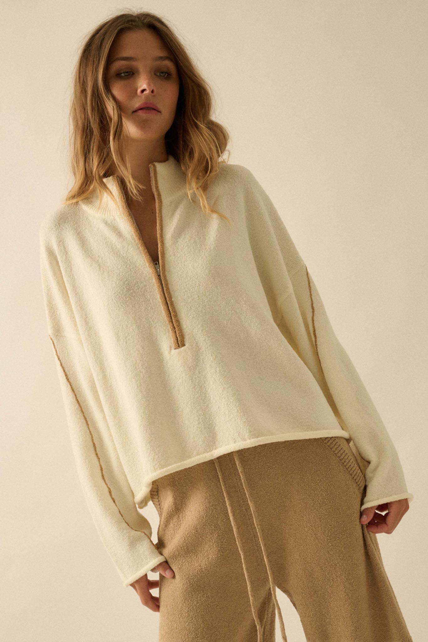 Promise the Label Textured Knit Half-Zip Sweater
