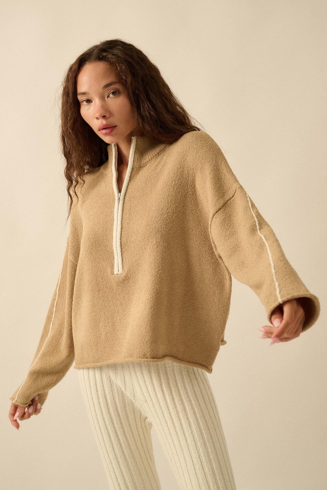 Promise the Label Textured Knit Half-Zip Sweater