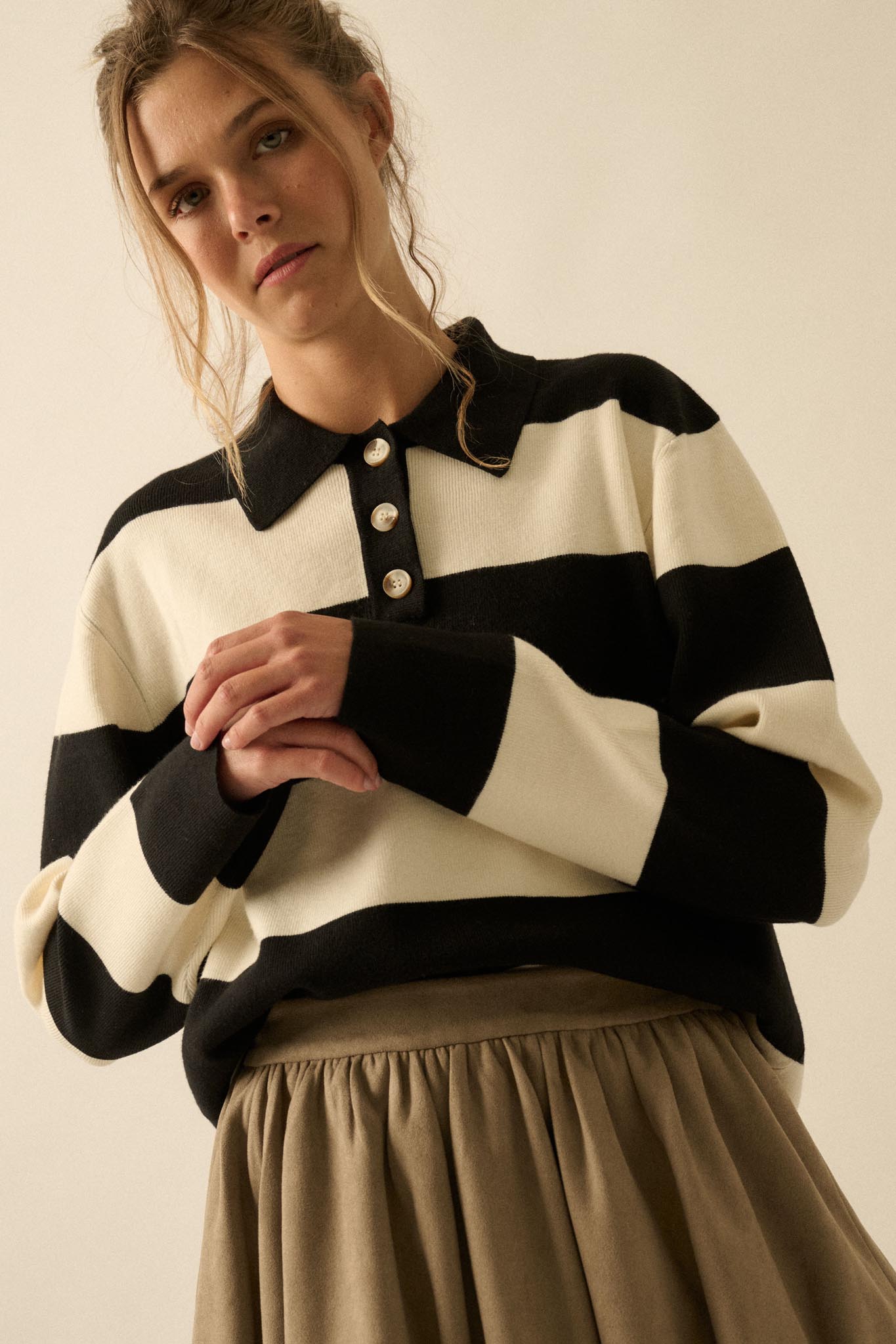 Advantage Line Striped Knit Collared Rugby Sweater
