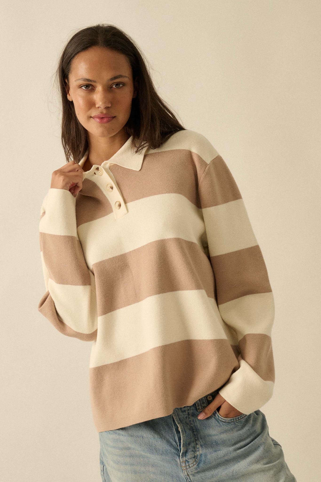 Advantage Line Striped Knit Collared Rugby Sweater