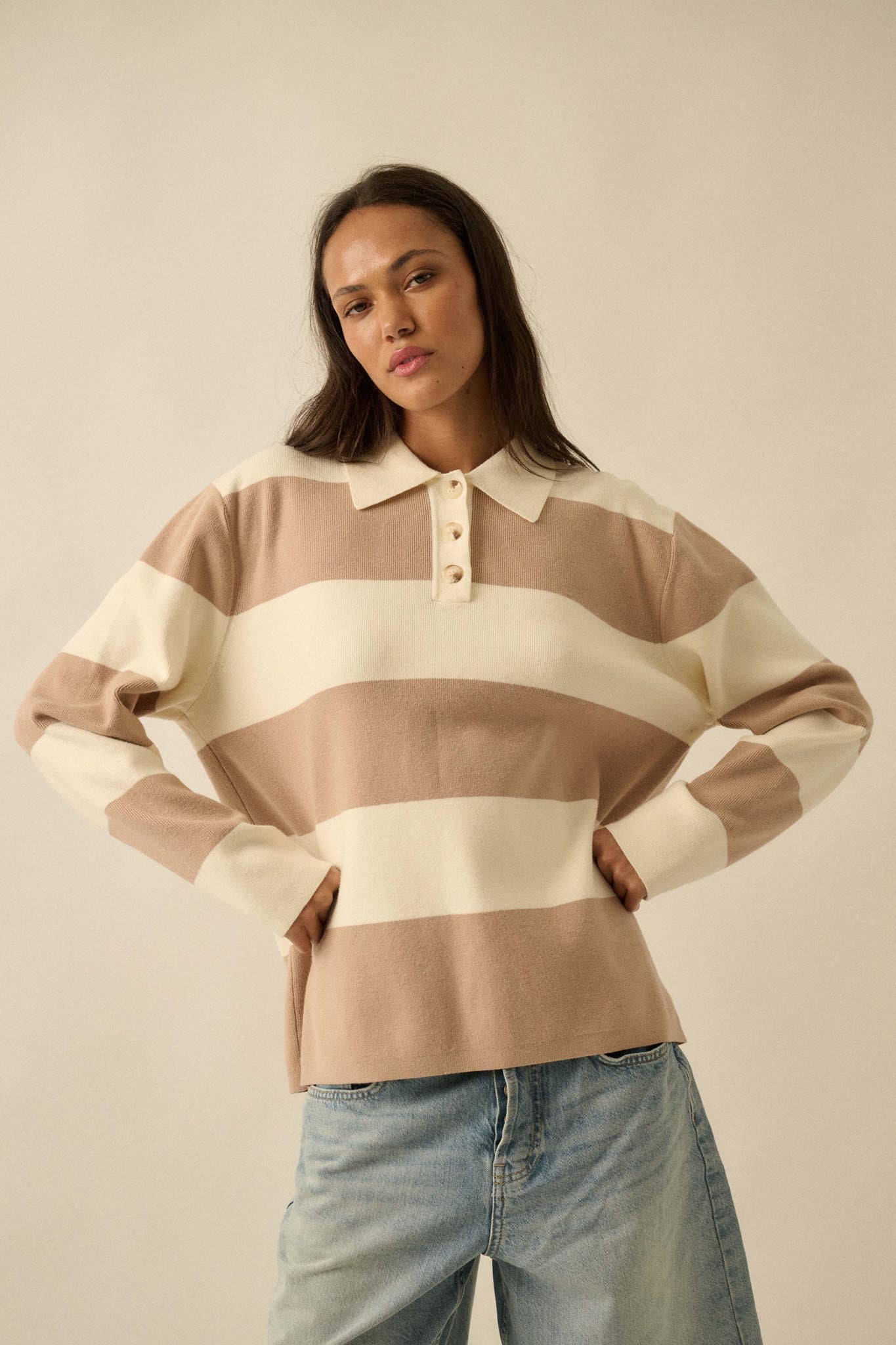 Advantage Line Striped Knit Collared Rugby Sweater