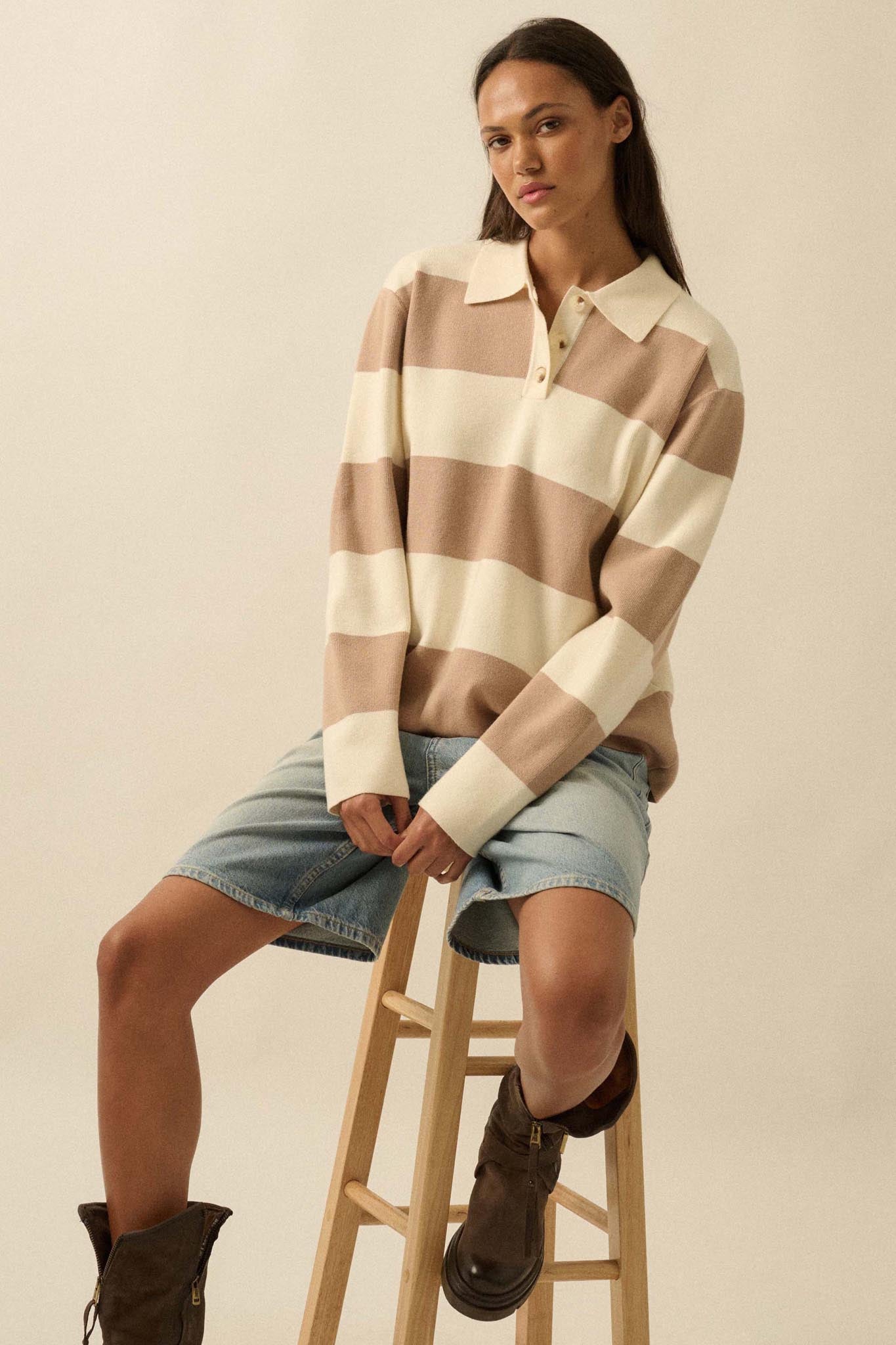 Advantage Line Striped Knit Collared Rugby Sweater