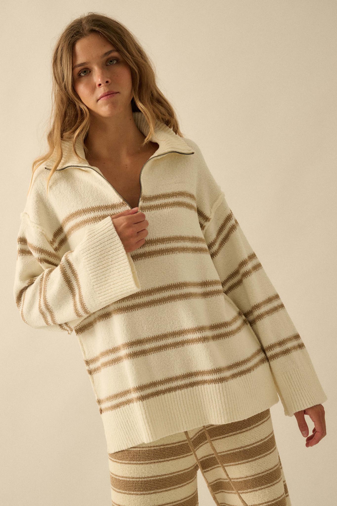 Promise the Label Striped Knit Quarter-Zip Sweater