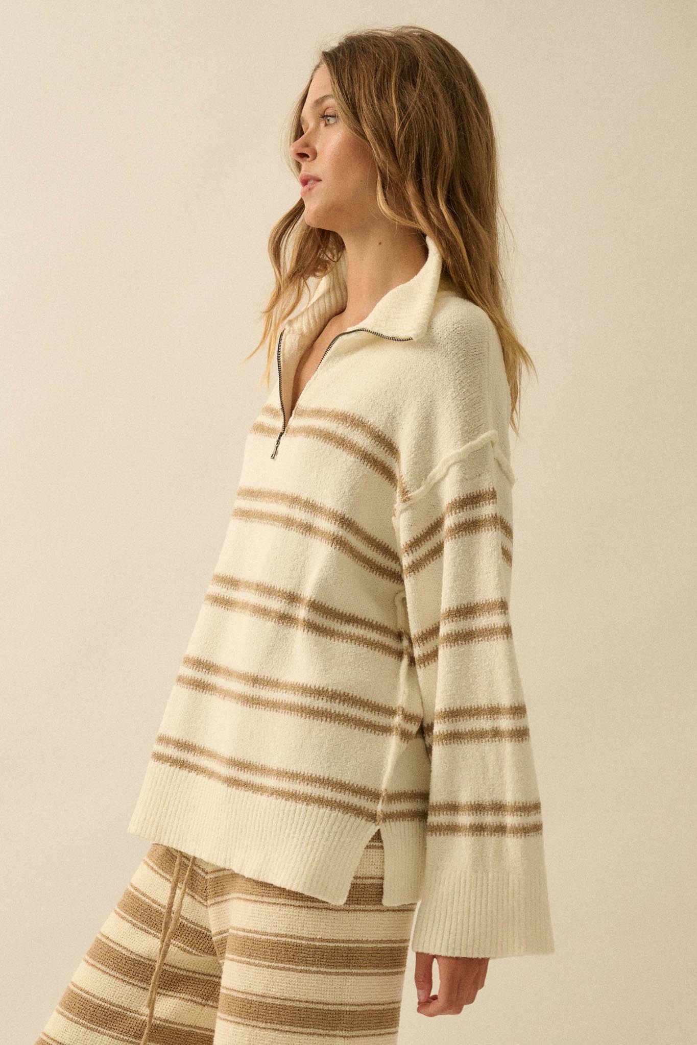 Promise the Label Striped Knit Quarter-Zip Sweater