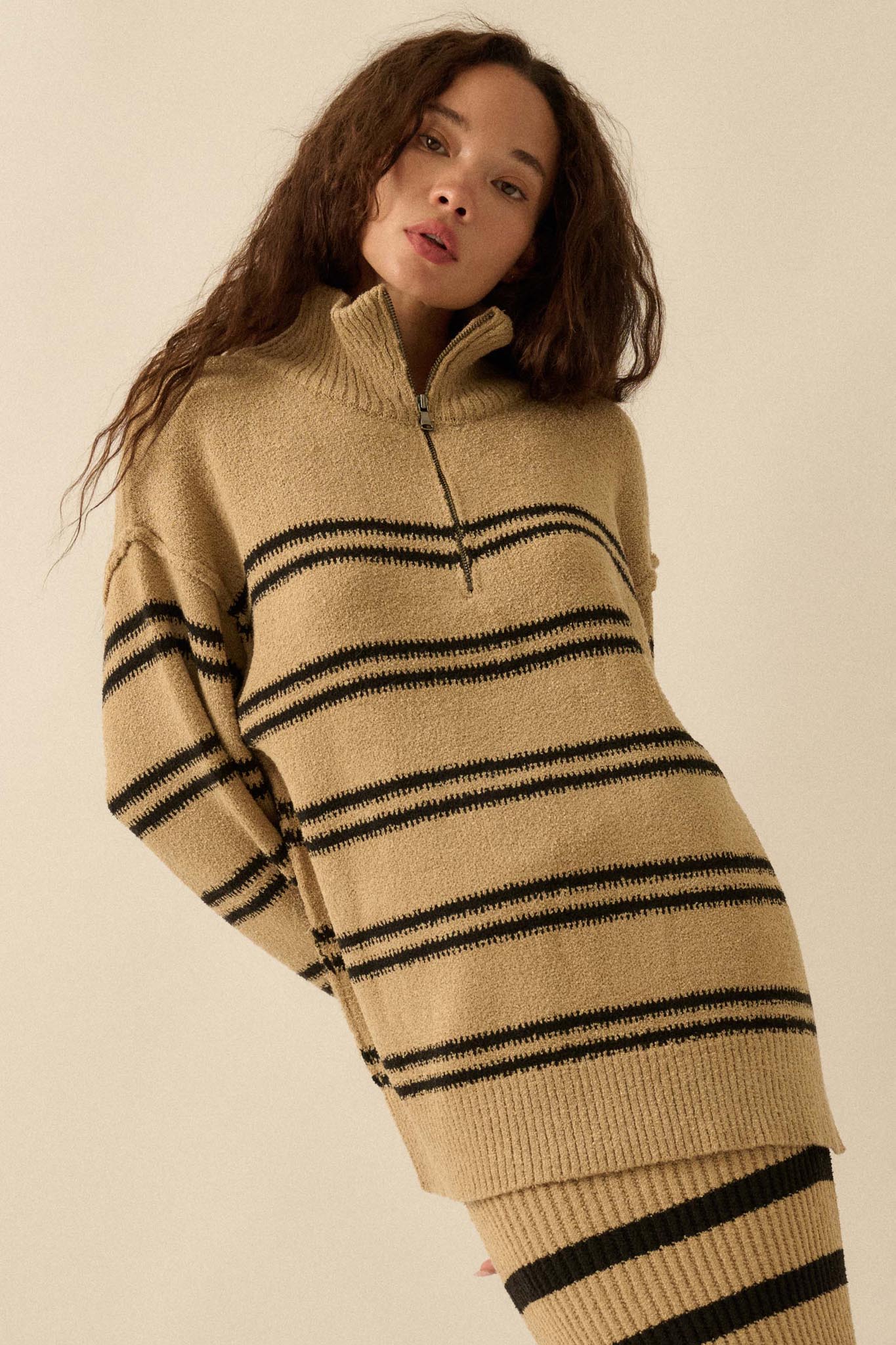 Promise the Label Striped Knit Quarter-Zip Sweater