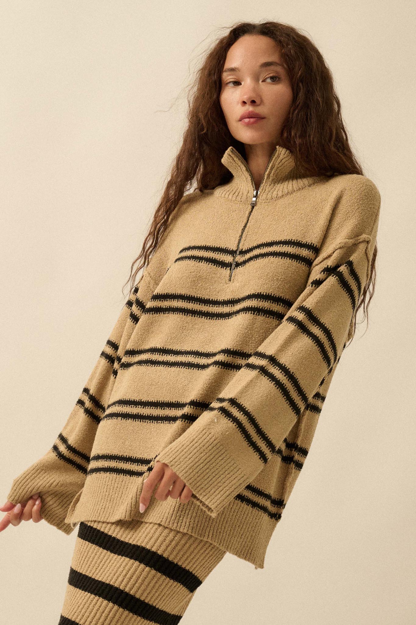 Promise the Label Striped Knit Quarter-Zip Sweater