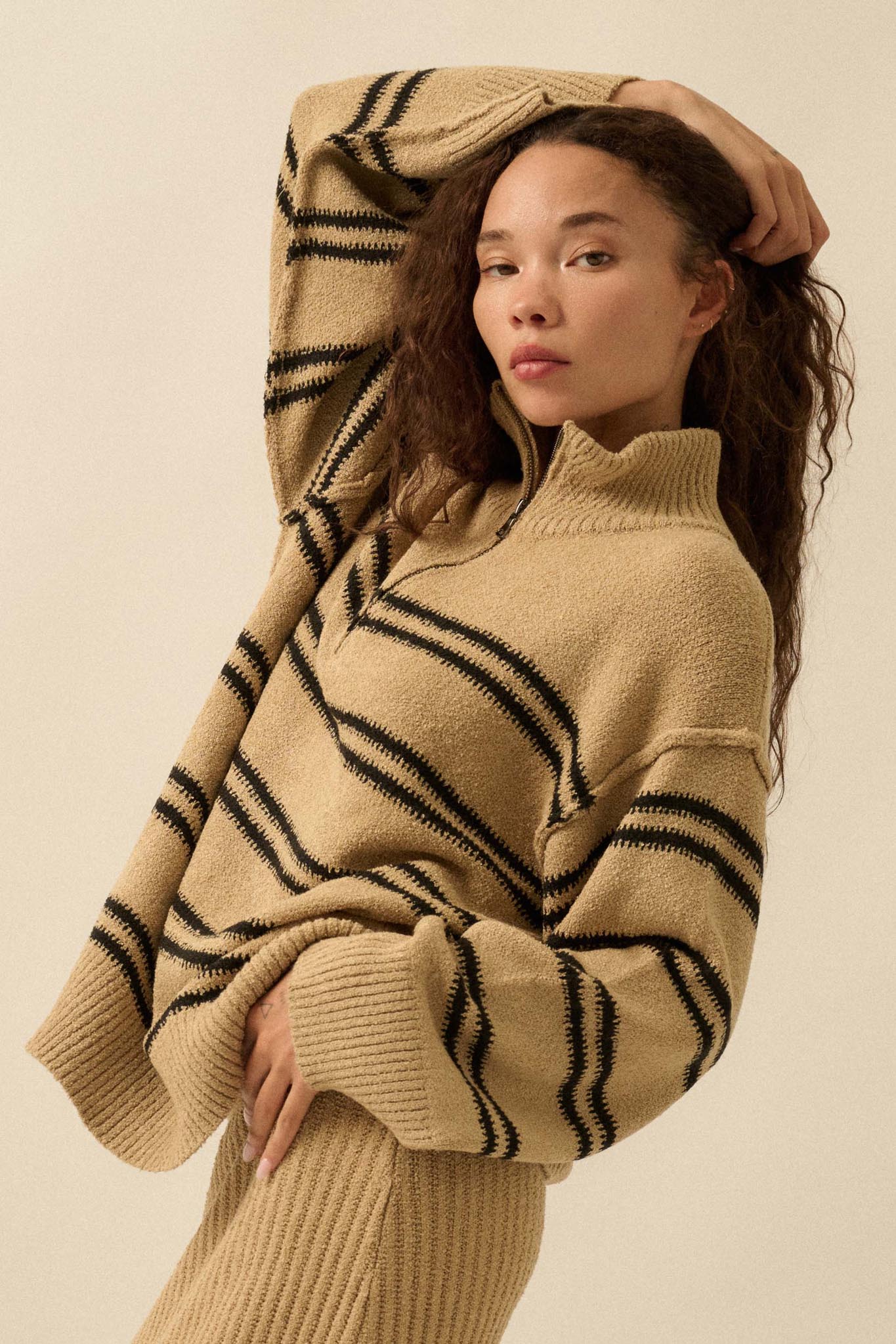 Promise the Label Striped Knit Quarter-Zip Sweater