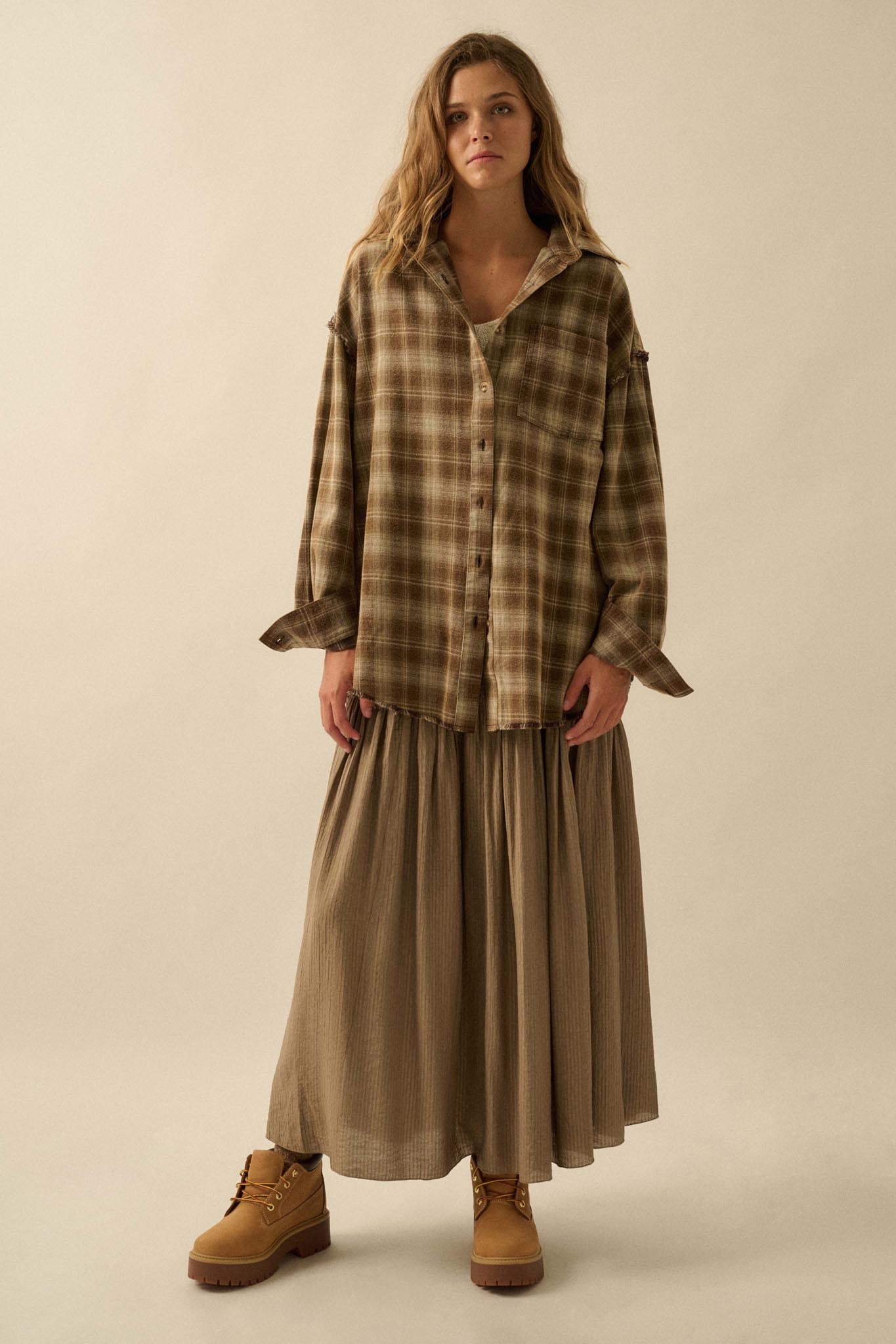 Grunge Era Oversize Raw-Edge Plaid Flannel Shirt