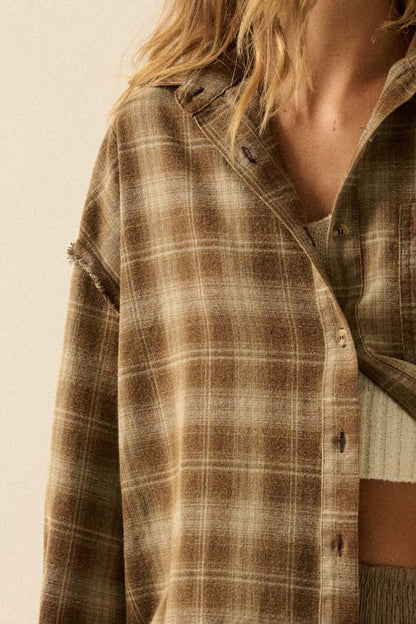 Grunge Era Oversize Raw-Edge Plaid Flannel Shirt