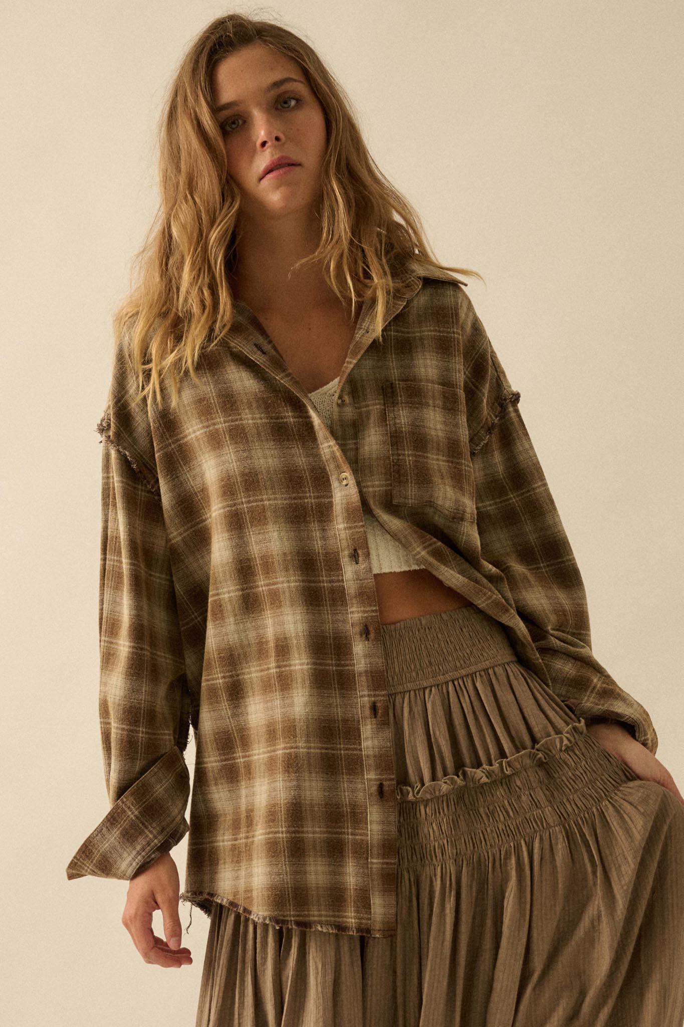 Grunge Era Oversize Raw-Edge Plaid Flannel Shirt