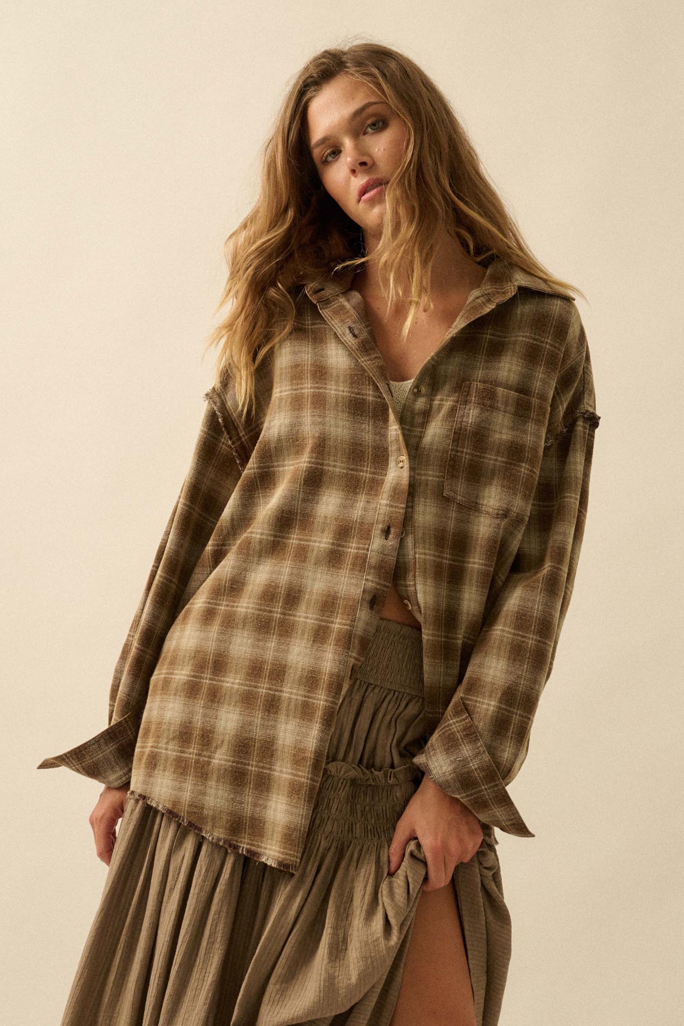 Grunge Era Oversize Raw-Edge Plaid Flannel Shirt