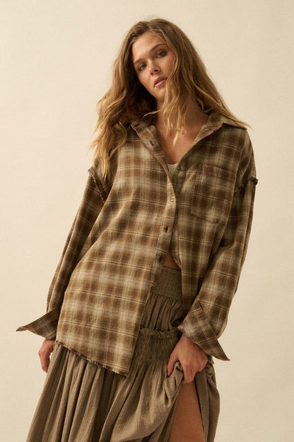 Grunge Era Oversize Raw-Edge Plaid Flannel Shirt