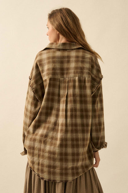 Grunge Era Oversize Raw-Edge Plaid Flannel Shirt