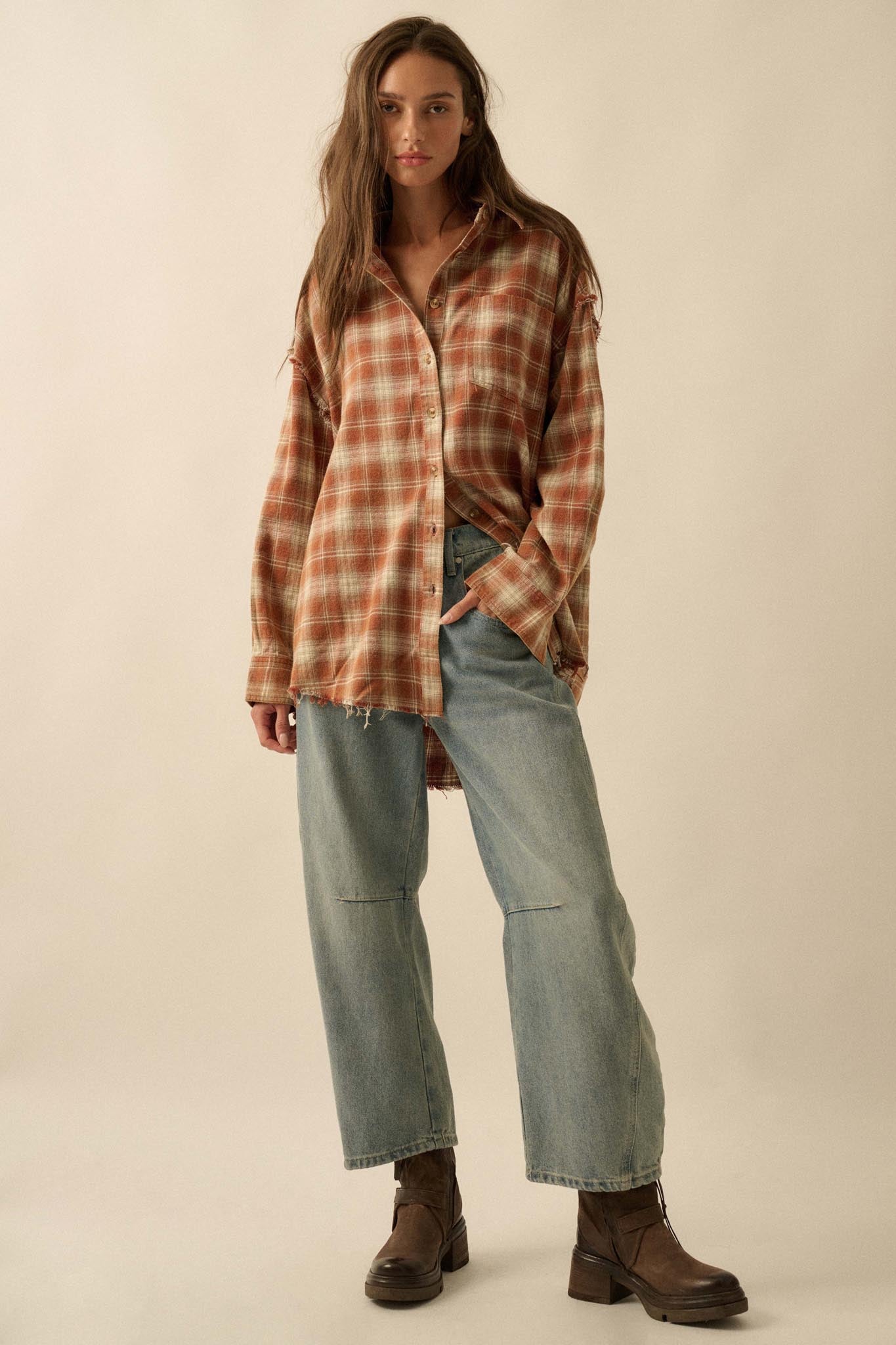 Grunge Era Oversize Raw-Edge Plaid Flannel Shirt
