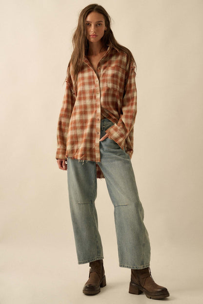 Grunge Era Oversize Raw-Edge Plaid Flannel Shirt