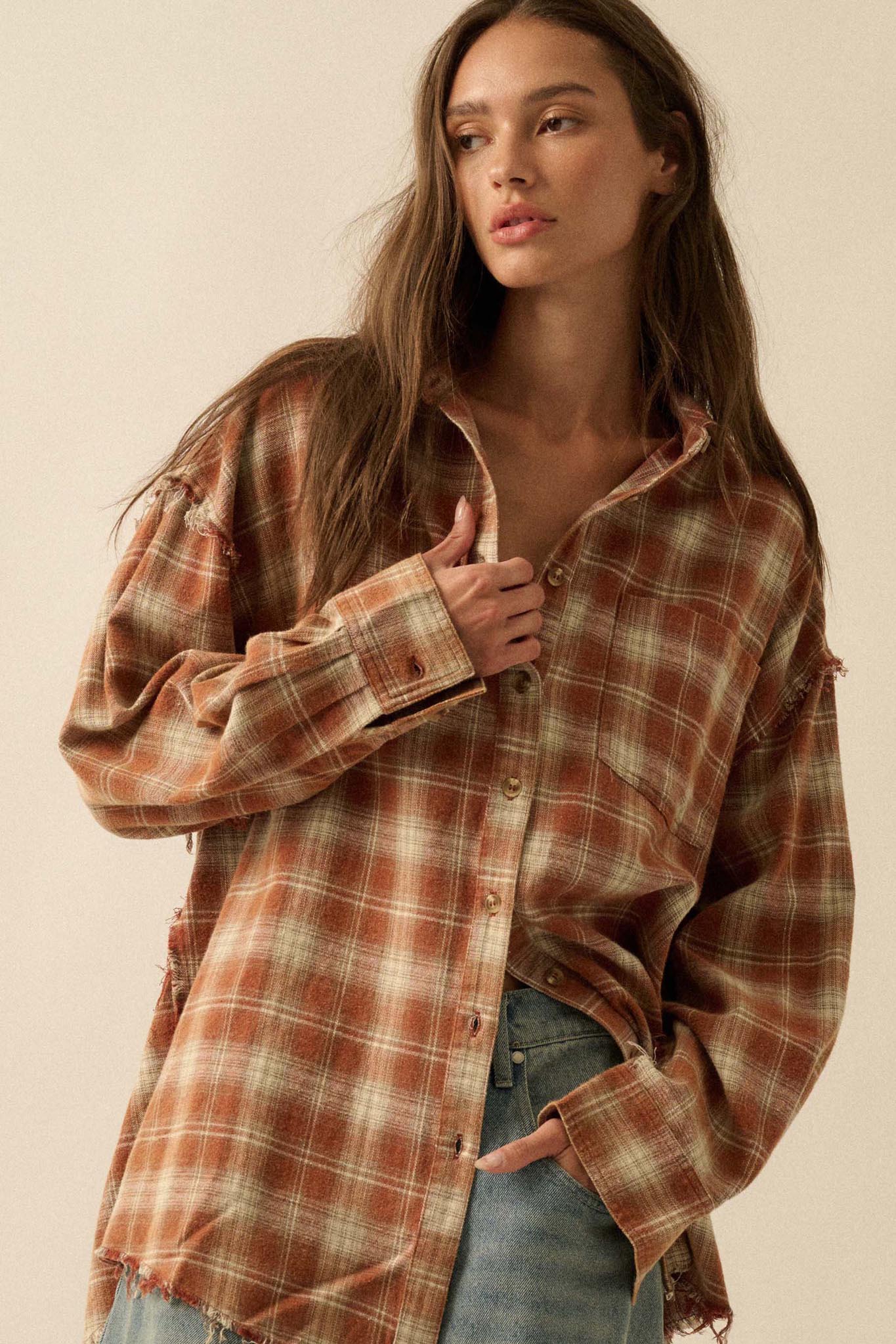 Grunge Era Oversize Raw-Edge Plaid Flannel Shirt