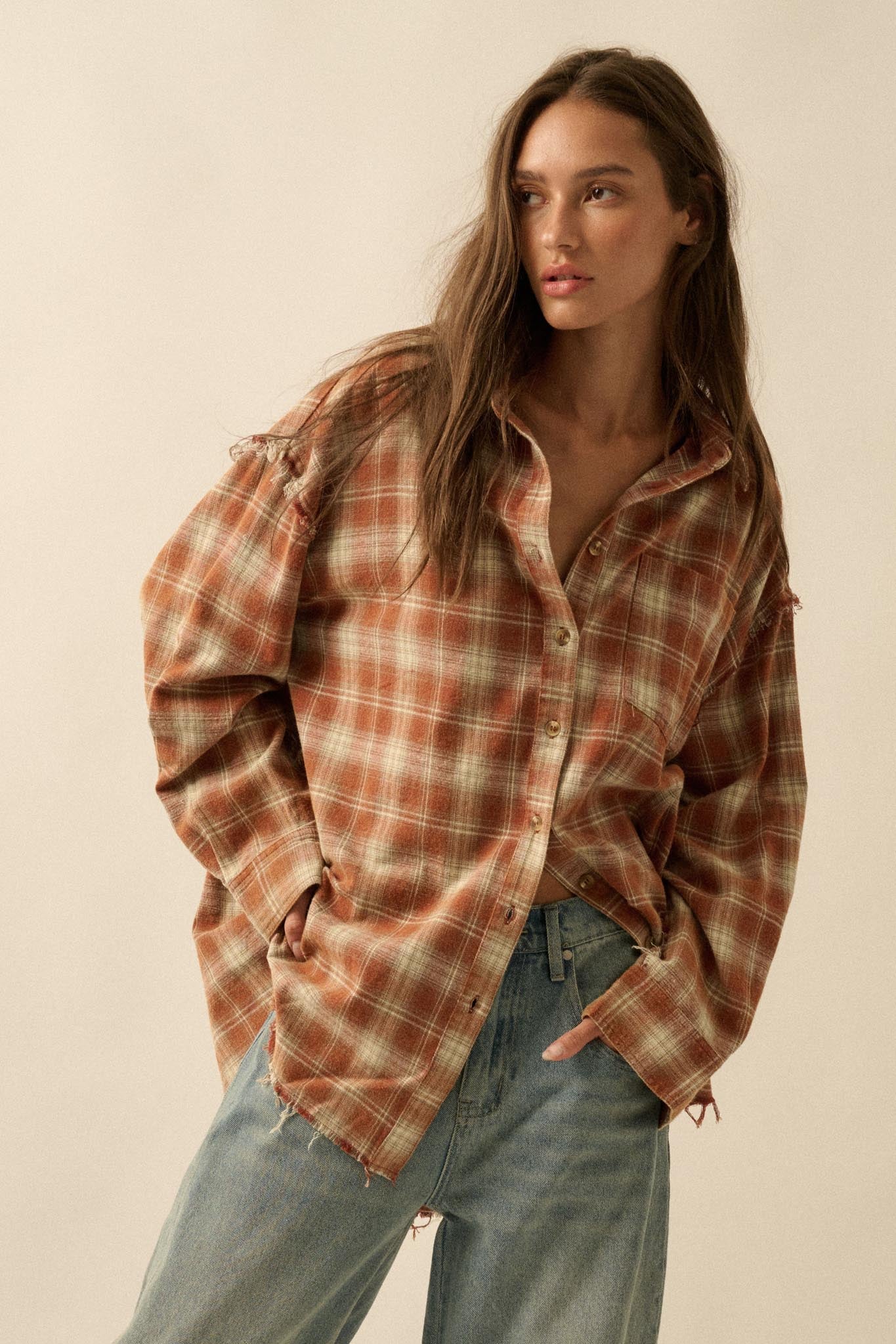 Grunge Era Oversize Raw-Edge Plaid Flannel Shirt