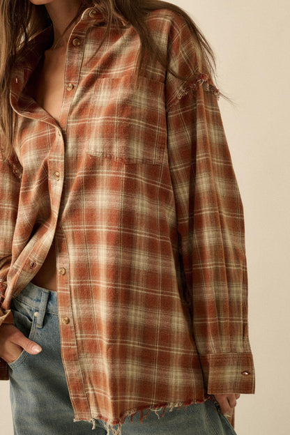 Grunge Era Oversize Raw-Edge Plaid Flannel Shirt