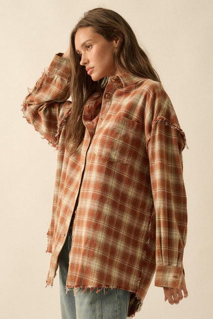 Grunge Era Oversize Raw-Edge Plaid Flannel Shirt