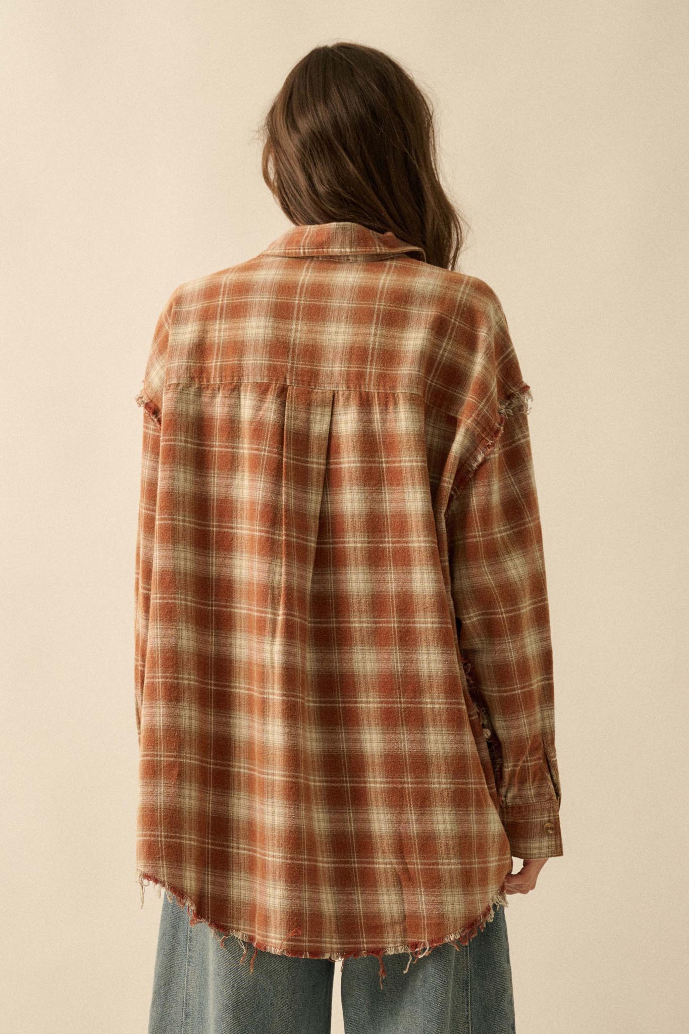 Grunge Era Oversize Raw-Edge Plaid Flannel Shirt