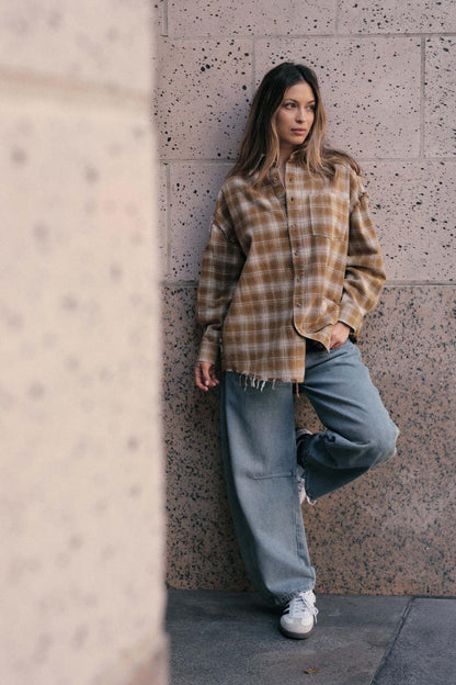 Grunge Era Oversize Raw-Edge Plaid Flannel Shirt